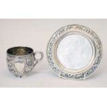 Chinese export silver card tray and cup