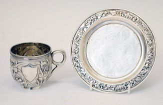Chinese export silver card tray and cup