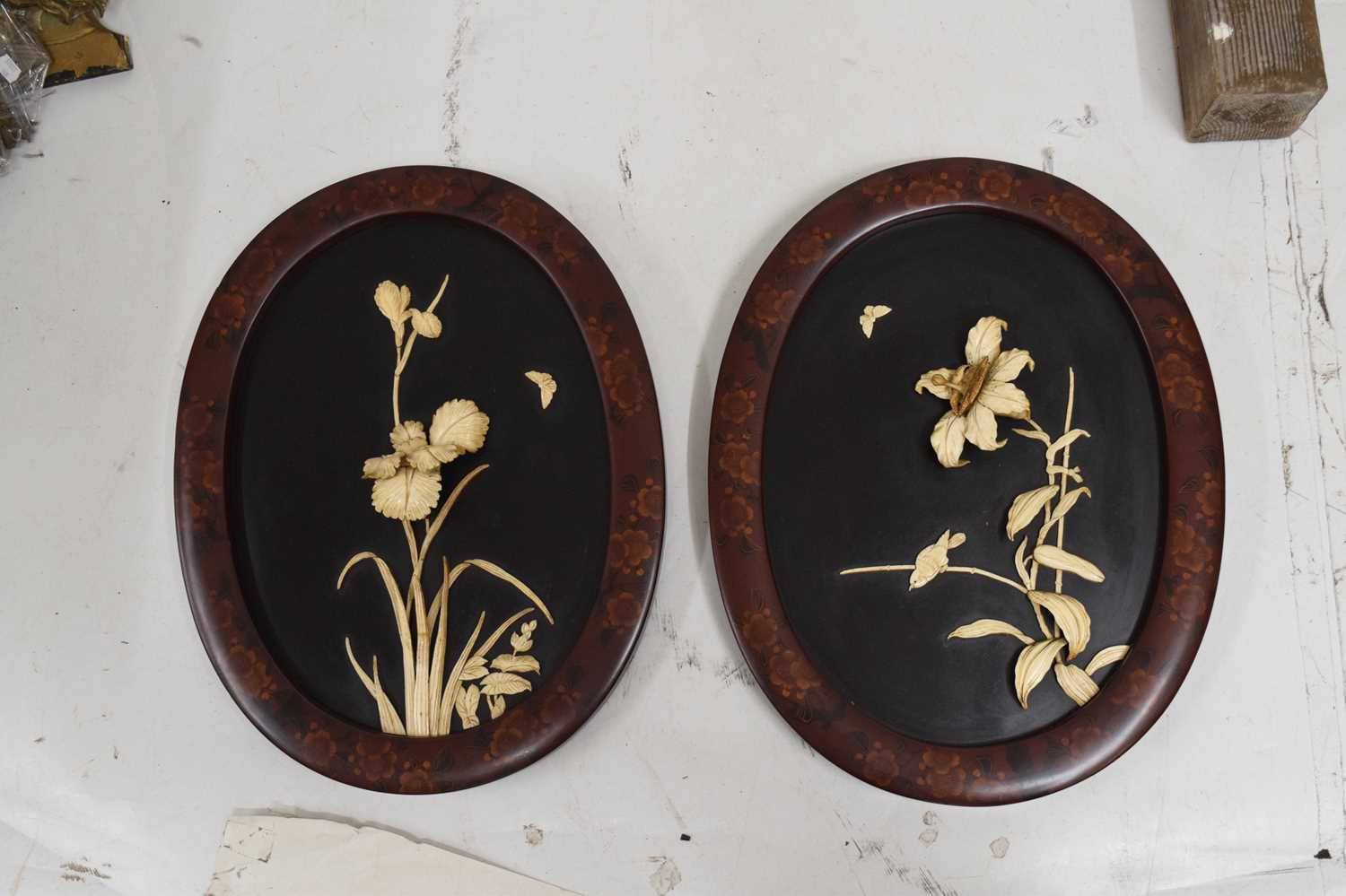Pair of Japanese Meiji period oval wall panels - Image 3 of 10