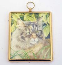 20th century watercolour miniature of a tabby cat