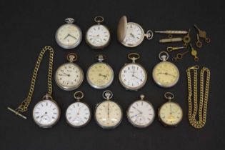 Four Victorian silver cased open-faced pocket watches and later base metal examples