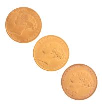 Three Victorian gold half sovereigns, 1864, 1876, 1878
