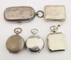 Four silver sovereign and coin cases and a George III silver vinaigrette