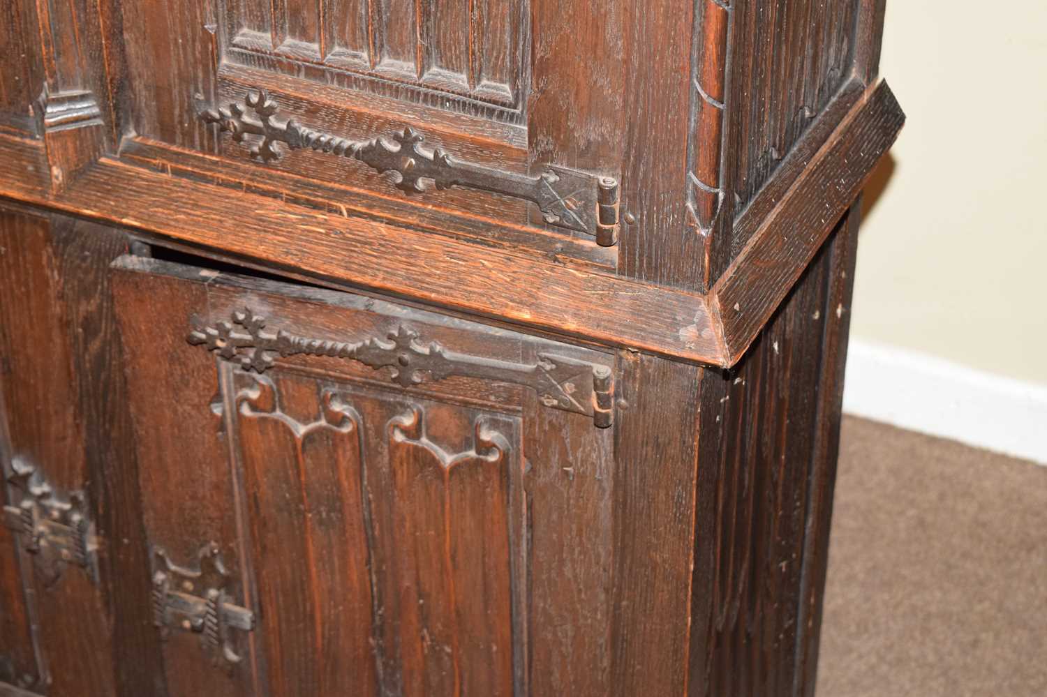 Early 20th century oak gothic revival two section cupboard - Image 11 of 11