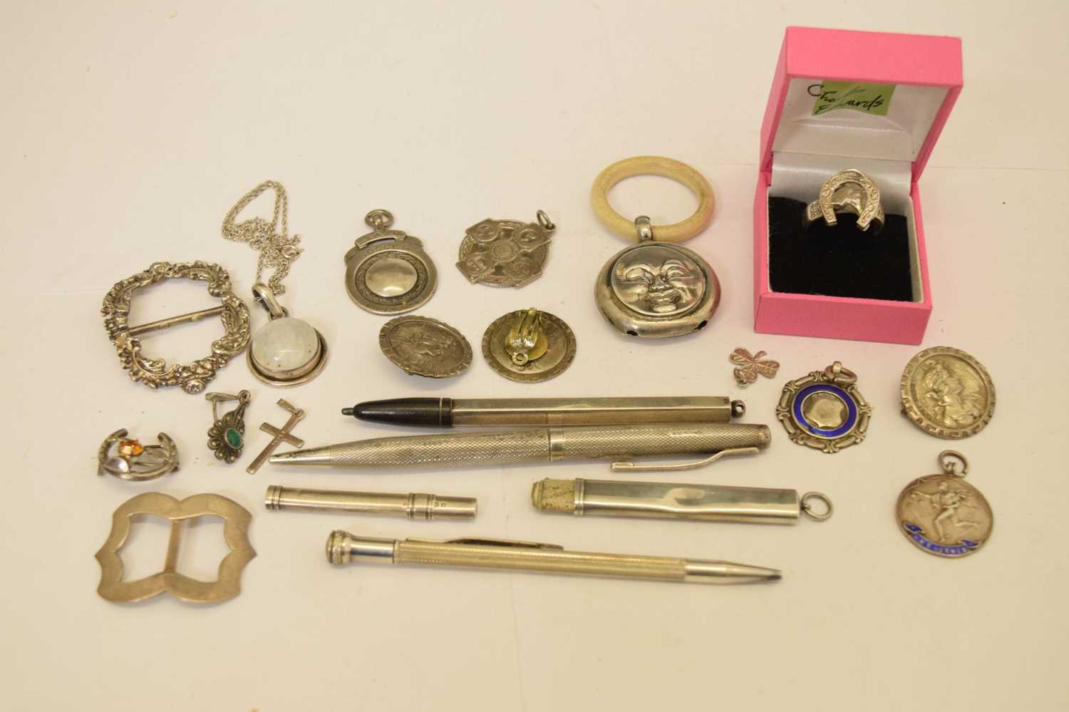 Quantity of silver fobs, buttons, a child's moon-faced teething ring/rattle, etc - Image 2 of 12