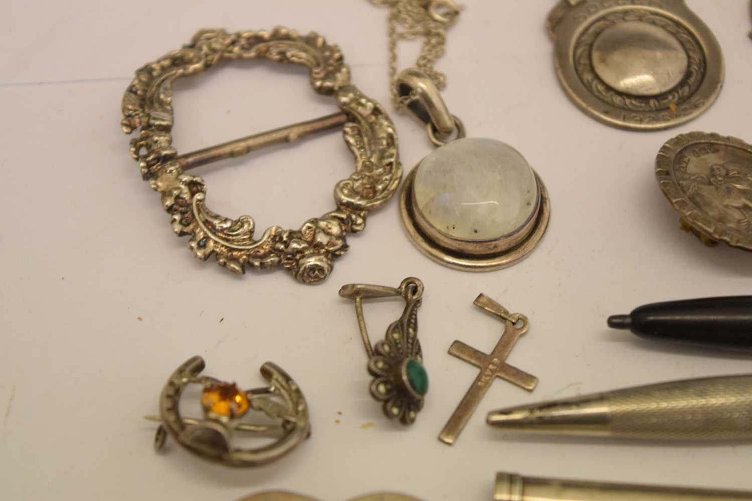 Quantity of silver fobs, buttons, a child's moon-faced teething ring/rattle, etc - Image 4 of 12