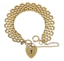 9ct gold brick link bracelet with heart-shaped padlock