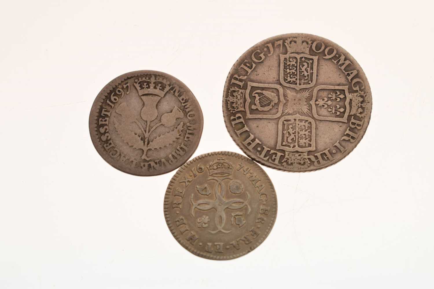 Three silver milled coins, Charles II, William III, and Queen Anne - Image 2 of 5