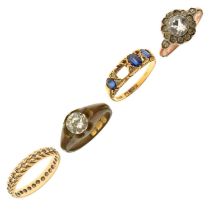 Sapphire and diamond 18ct yellow boat head ring, etc