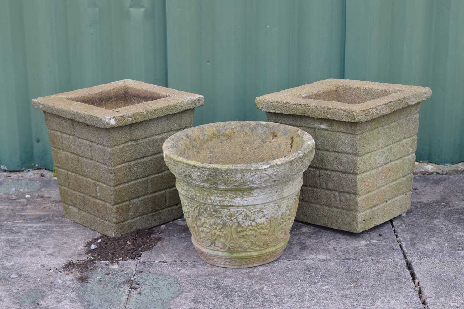 Pair of square reconstituted stone garden planters and one other - Image 6 of 6