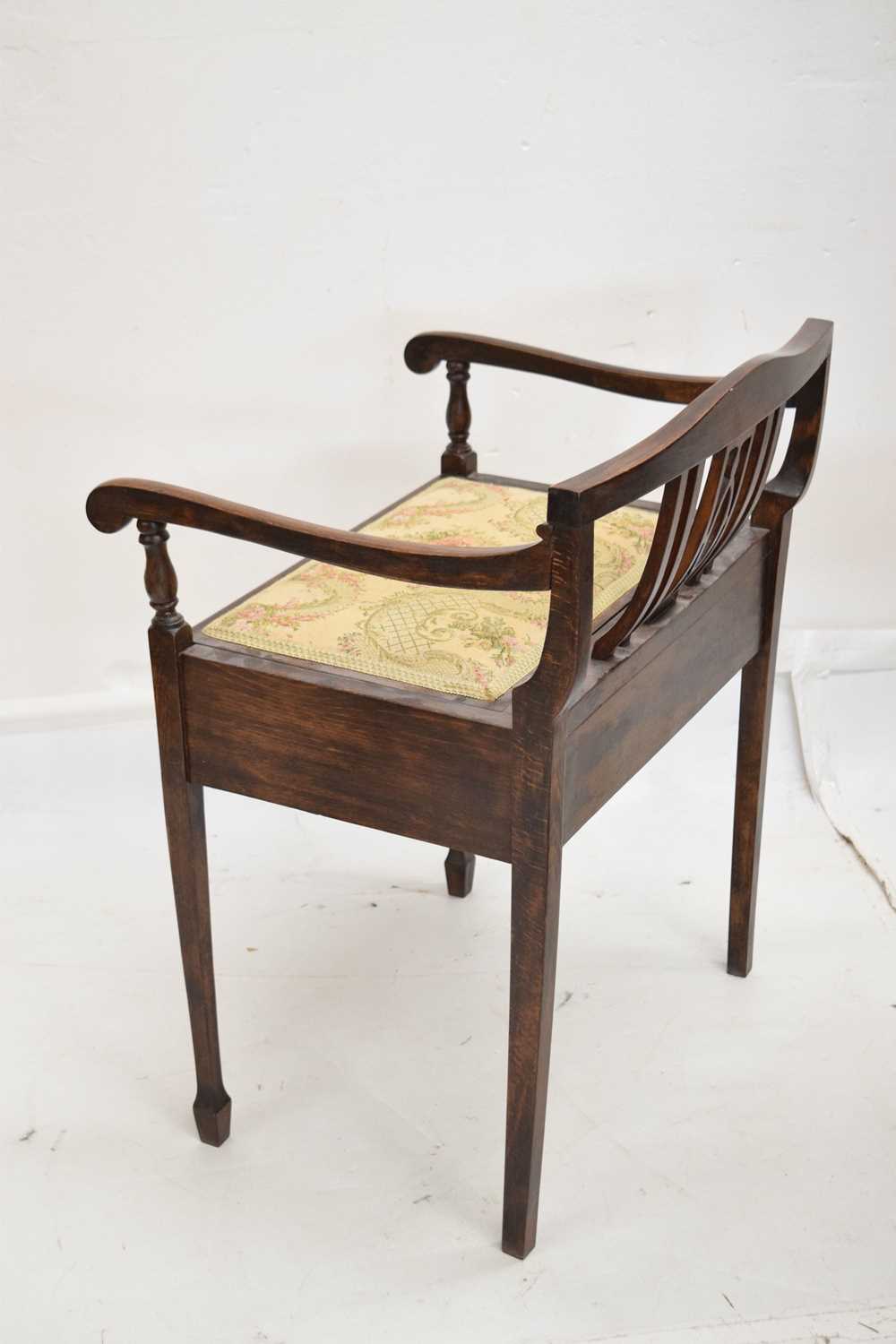 Open fronted corner cupboard, oak circular top occasional table and a piano stool - Image 3 of 11