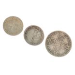 Three silver milled coins, Charles II, William III, and Queen Anne