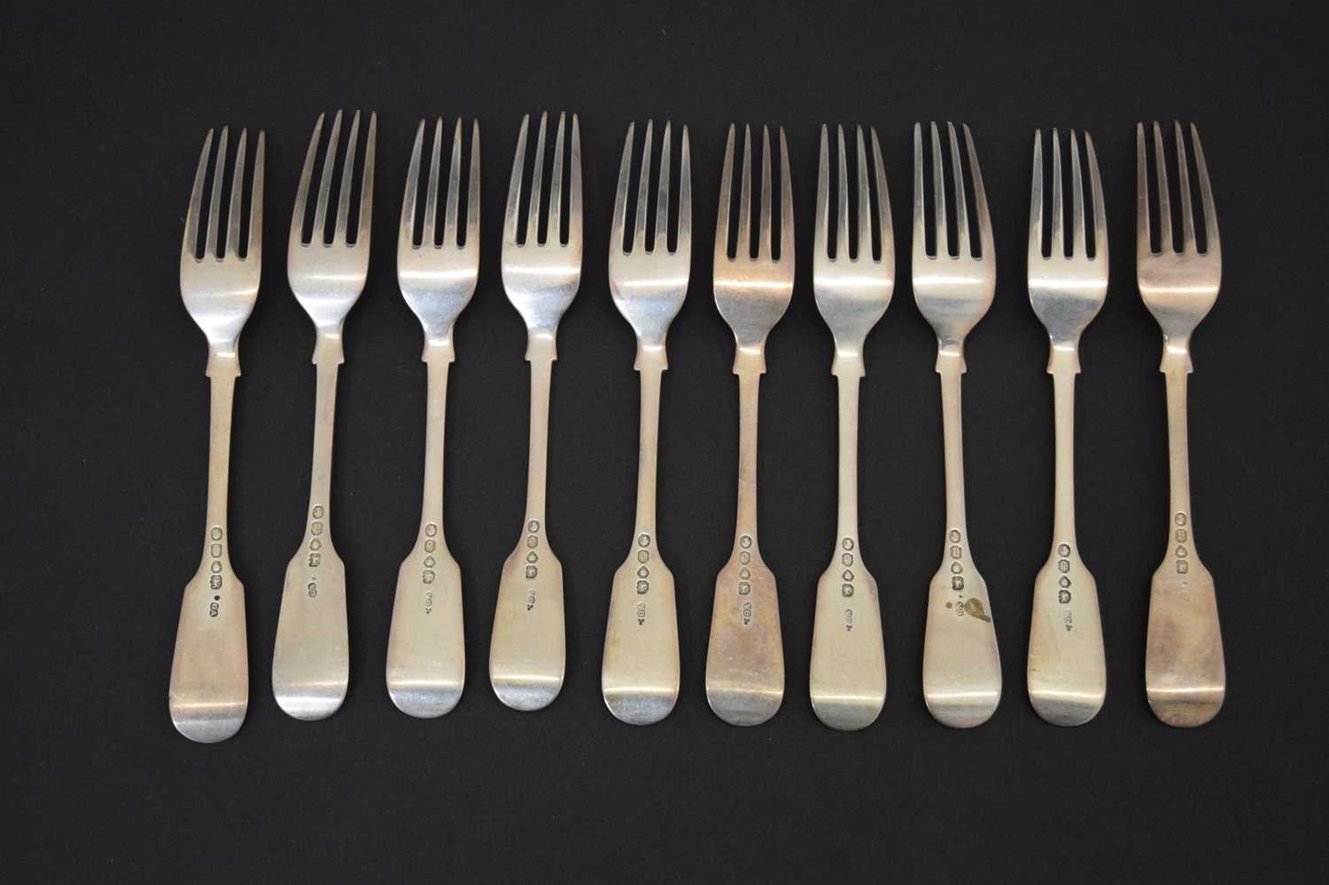 Set of ten Victorian Fiddle pattern silver dessert forks - Image 6 of 9