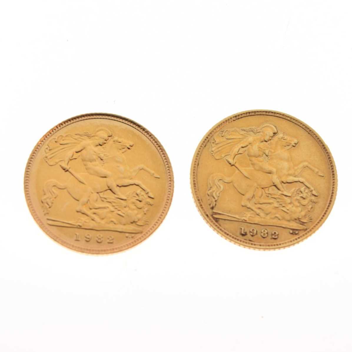 Two Elizabeth II gold half sovereigns, 1982