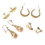 Four pairs of 9ct and yellow metal earrings