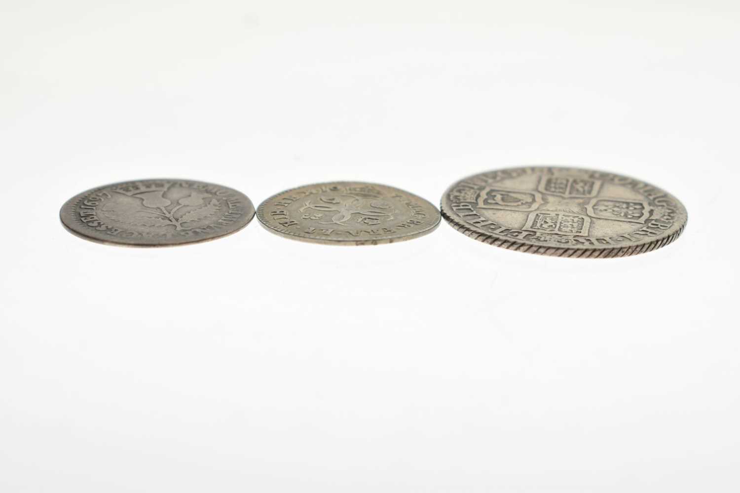 Three silver milled coins, Charles II, William III, and Queen Anne - Image 3 of 5