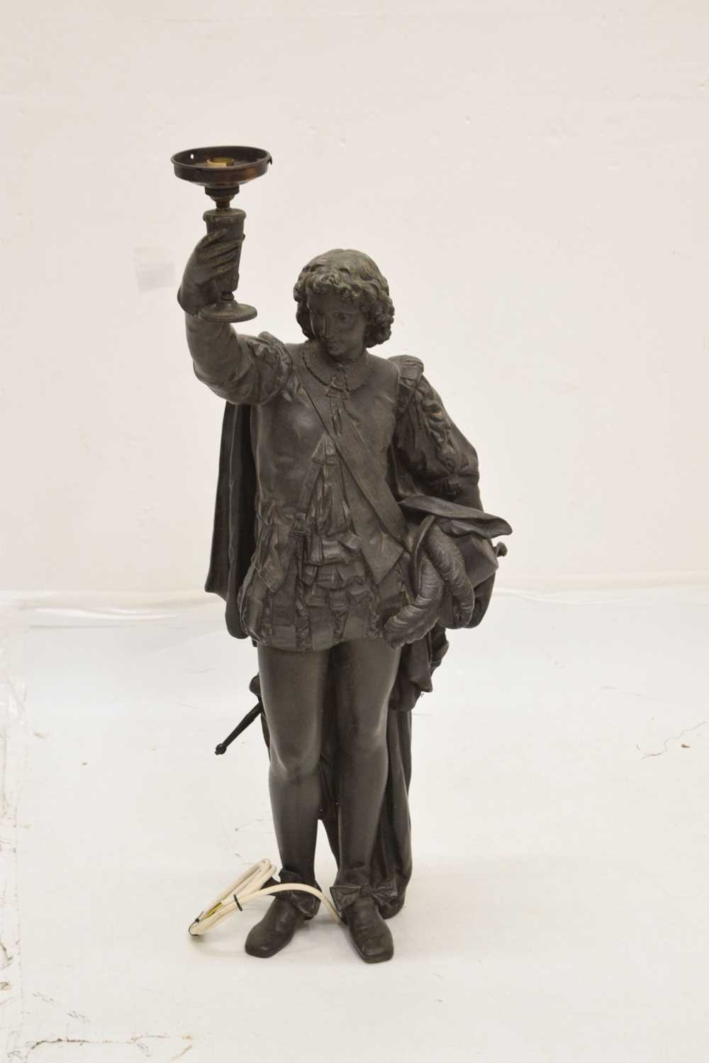 Late 19th century spelter figural lamp of a cavalier - Image 2 of 8