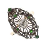 Art Deco diamond and green stone marquise-shaped cluster ring