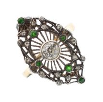 Art Deco diamond and green stone marquise-shaped cluster ring