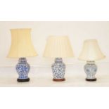 Three modern Chinese blue and white table lamps