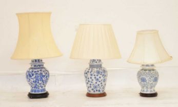 Three modern Chinese blue and white table lamps