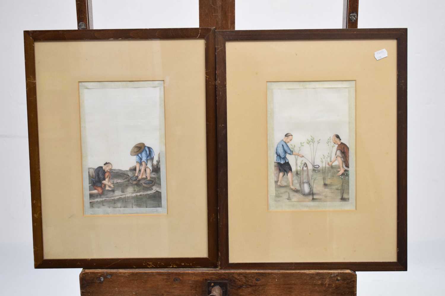 Pair of 19th century Chinese watercolours on pith paper - rice farming scenes - Image 5 of 16