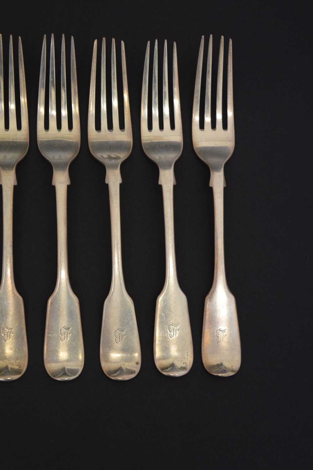 Set of ten Victorian Fiddle pattern silver dessert forks - Image 5 of 9