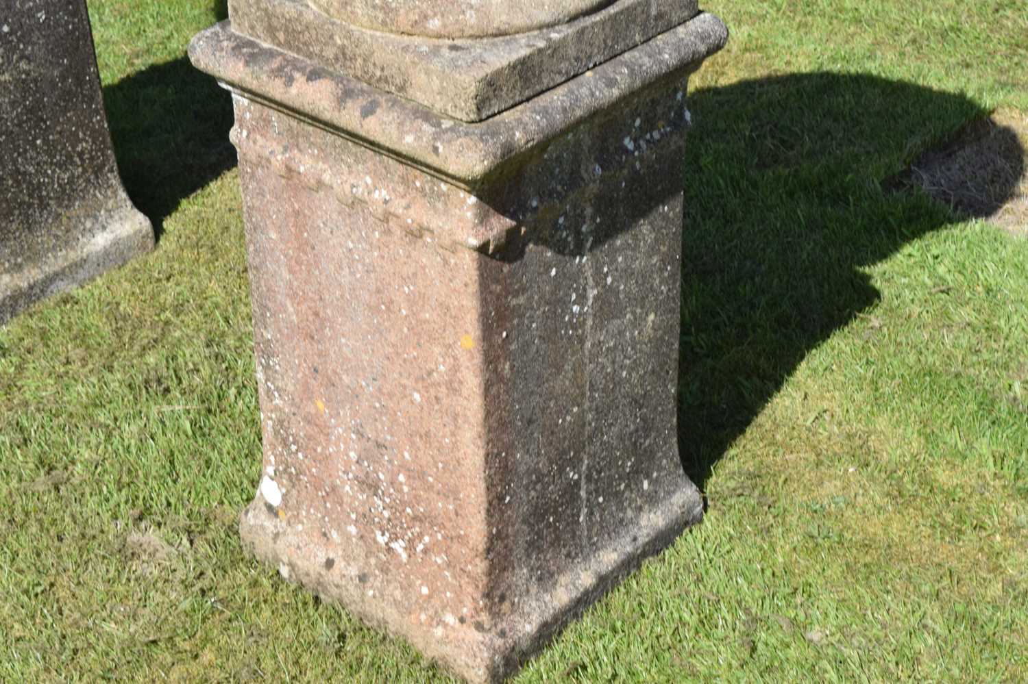 Pair of composition stone garden urns and pedestals - Image 6 of 8