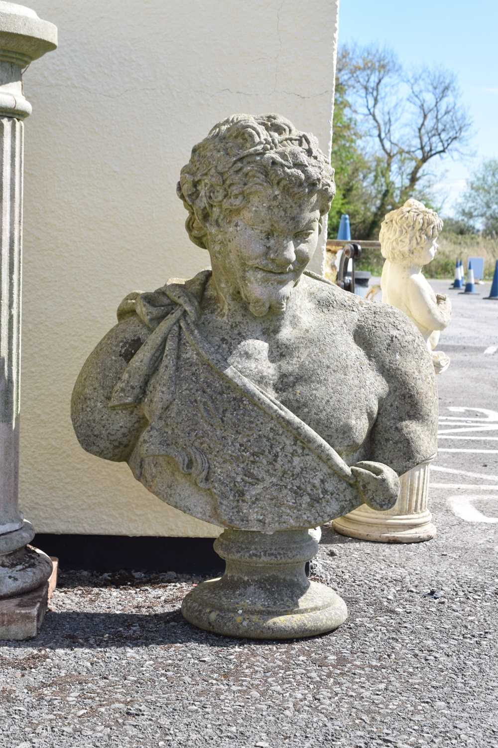 Large composite stone garden bust of Bacchus on fluted pedestal - Image 3 of 7