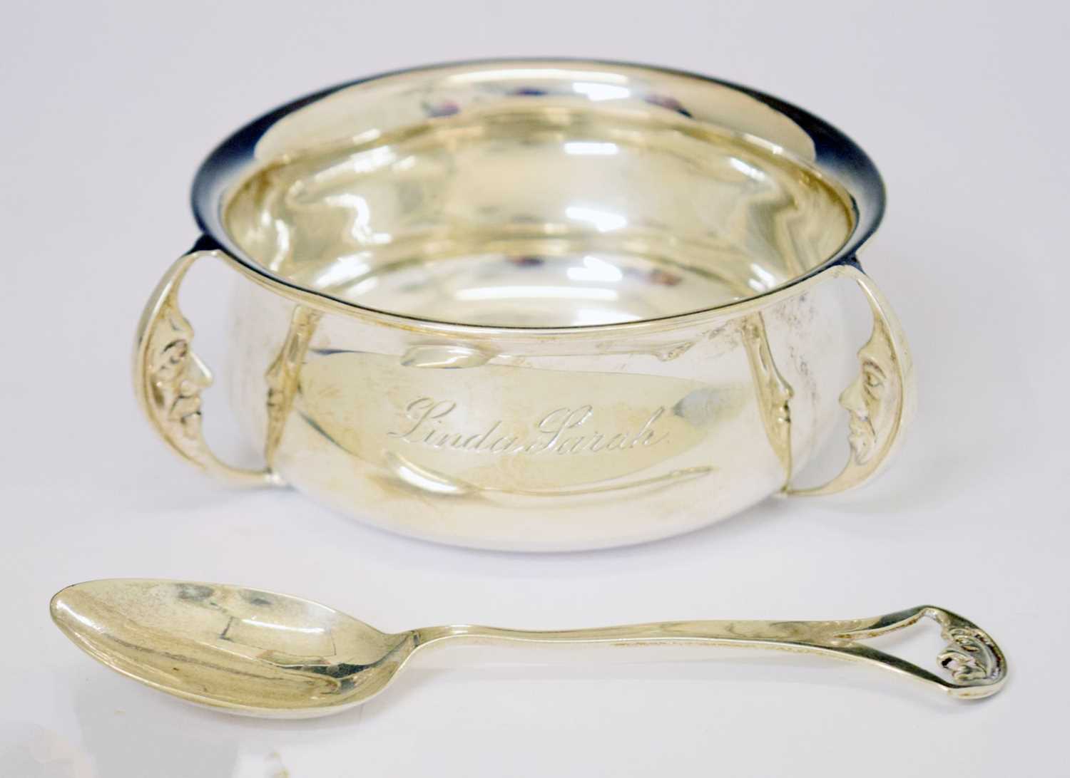 George VI silver christening set decorated with The Man in the Moon