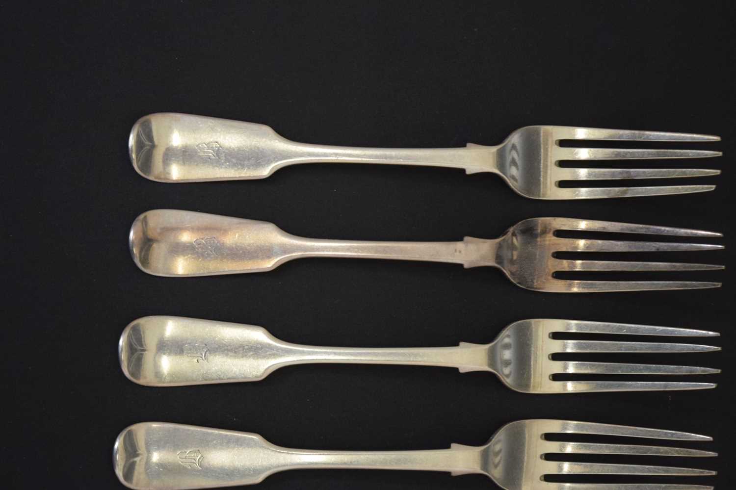 Set of ten Victorian Fiddle pattern silver table forks - Image 3 of 10