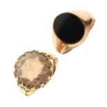 Smokey quartz ring, and a 9ct gold onyx signet ring (2)
