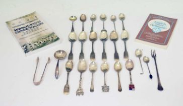 Set of six George III silver Fiddle pattern teaspoons, etc