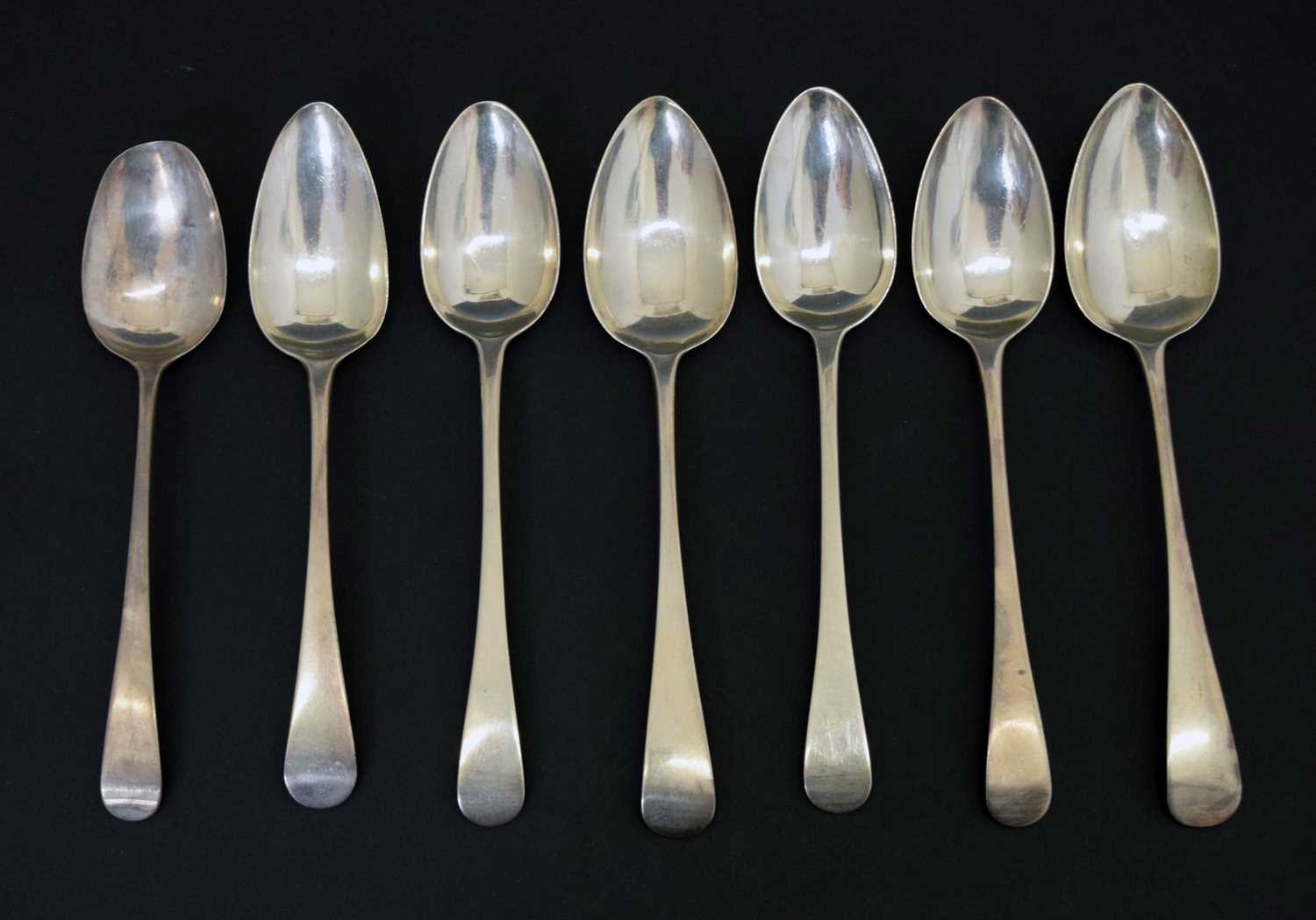 Seven Georgian silver Old English pattern tablespoons