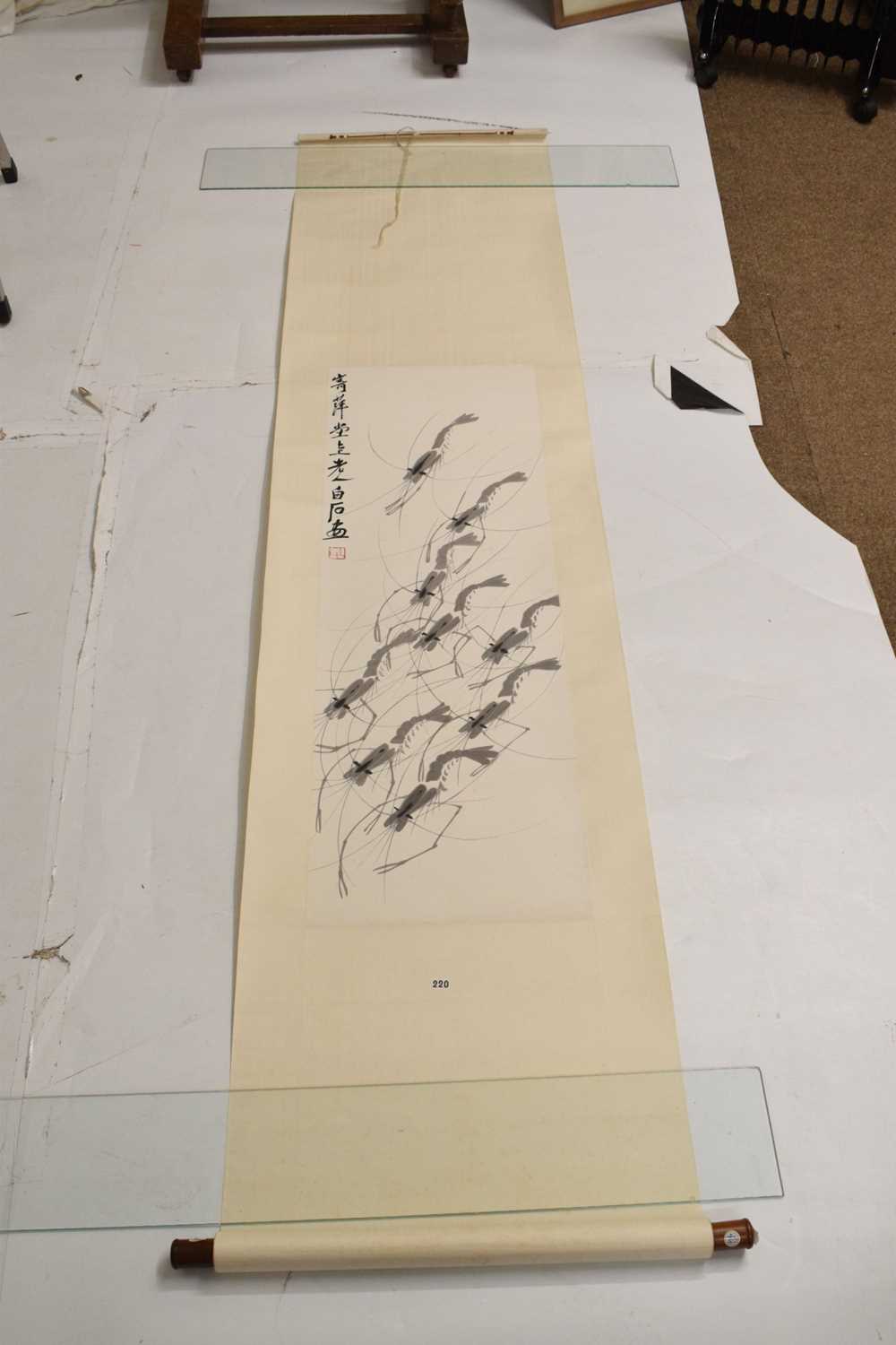 Manner of Qi Baishi (1864 - 1957) - Chinese watercolour scroll, nine shrimps or crayfish - Image 2 of 18