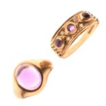 Amethyst cabochon 9ct gold ring, and an amethyst and diamond 9ct gold ring (2)