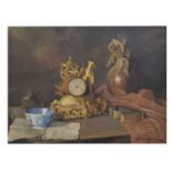 Late 20th century Continental School - Oil on canvas - Still life with mantel clock