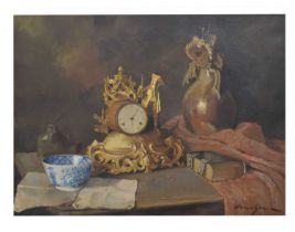 Late 20th century Continental School - Oil on canvas - Still life with mantel clock