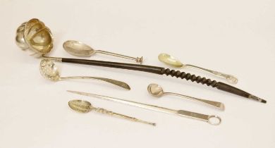 Elizabeth II silver and ebony ladle, Edward VII meat skewer, Scottish mustard spoon, etc