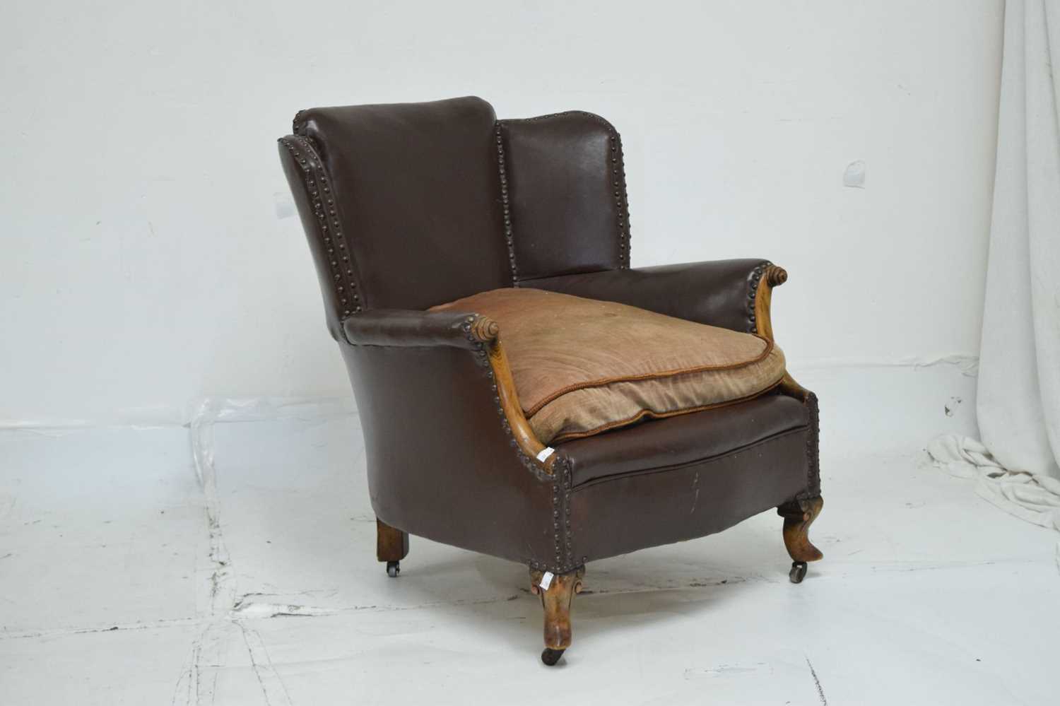 Early 20th century studded brown leatherette fireside chair - Image 2 of 7