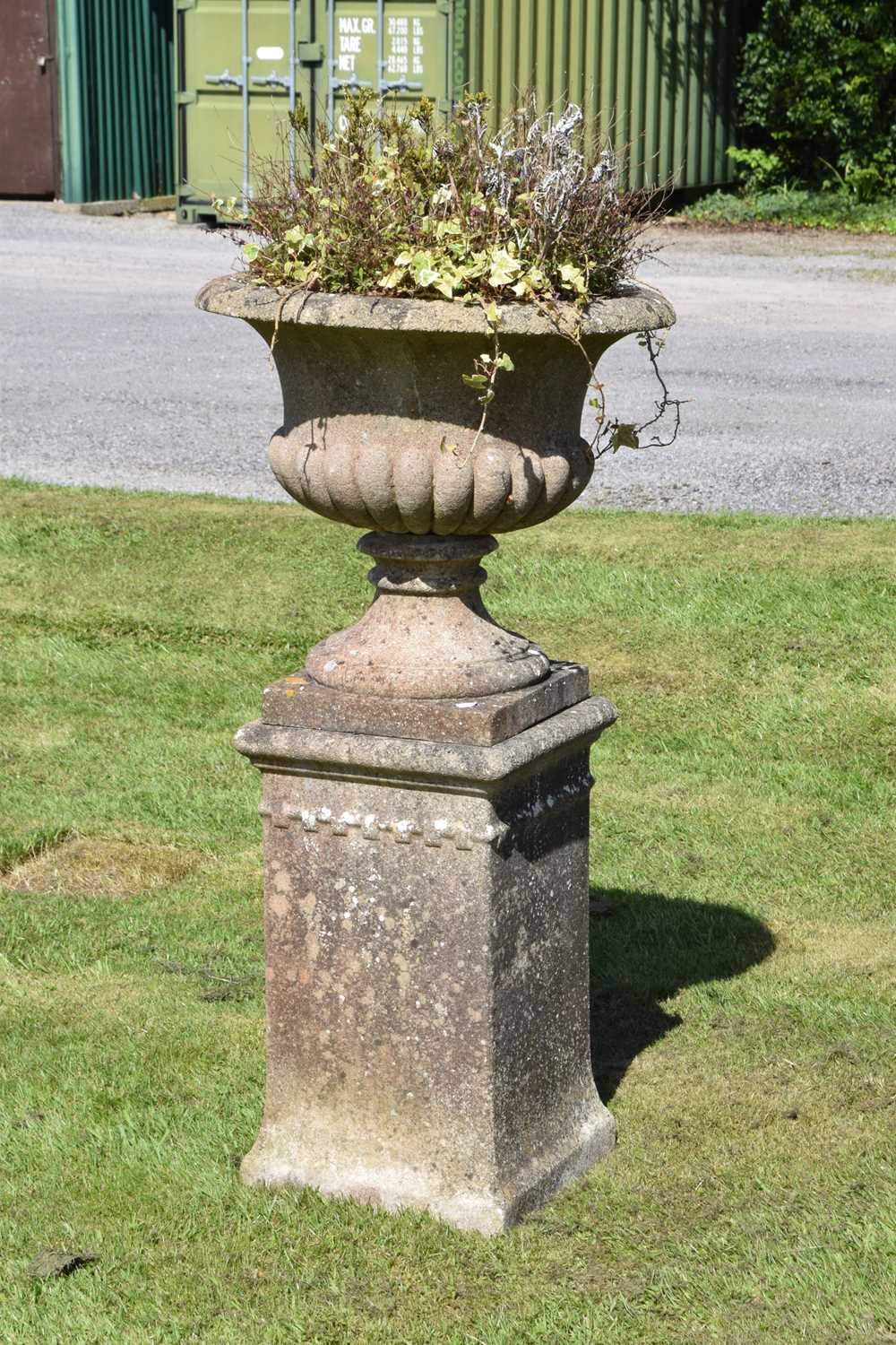 Pair of composition stone garden urns and pedestals - Image 4 of 8