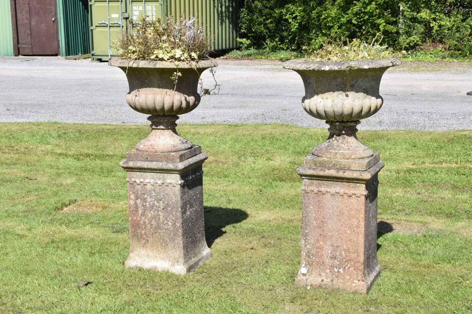 Pair of composition stone garden urns and pedestals - Image 2 of 8