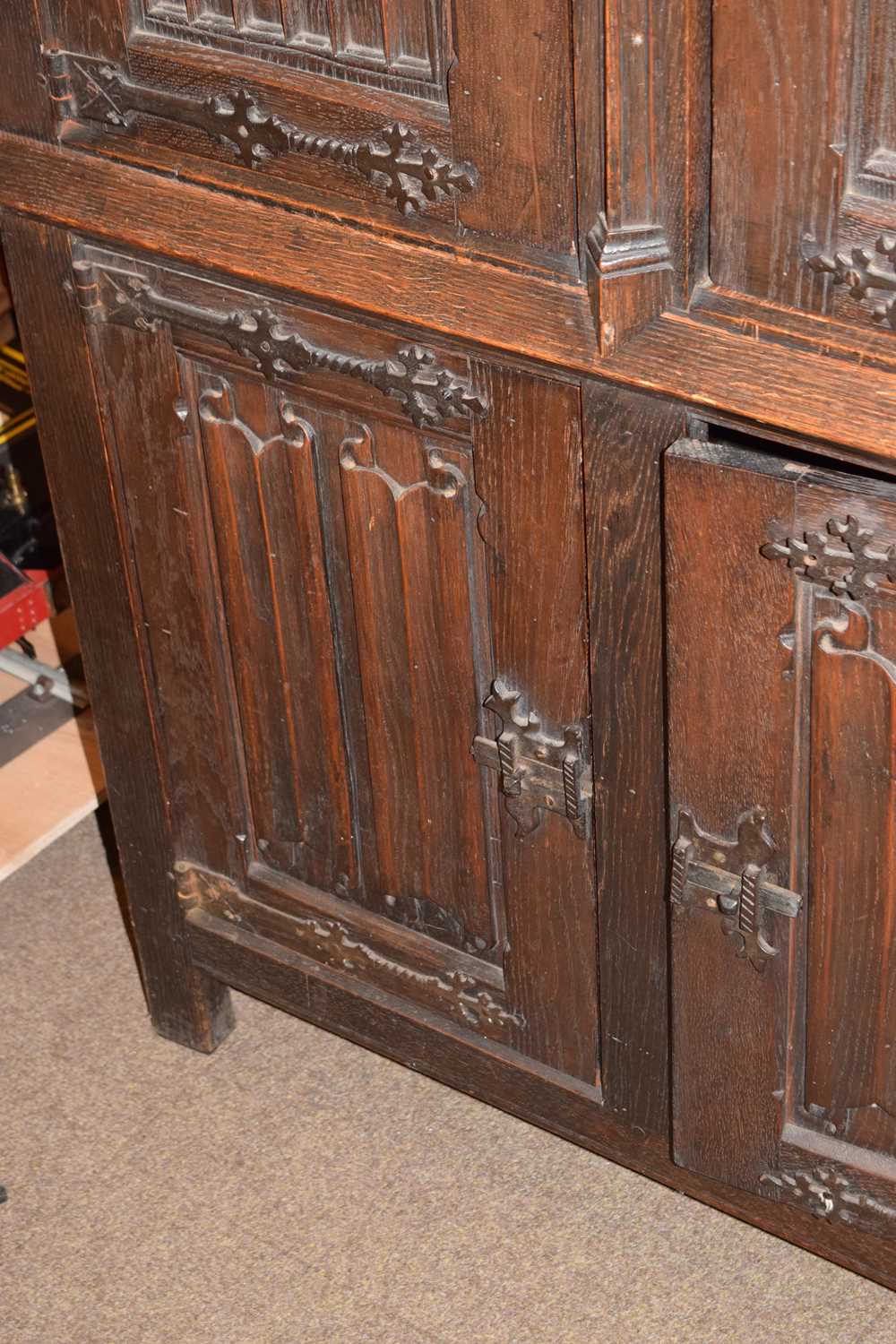 Early 20th century oak gothic revival two section cupboard - Image 6 of 11