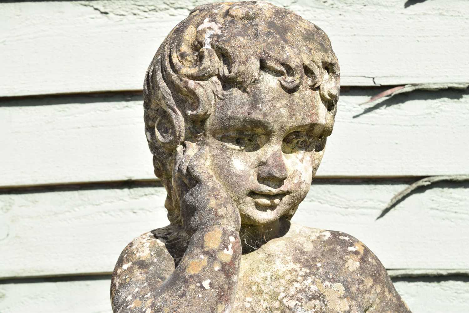 Composition stone garden statue of a young girl with a basket of fruit - Image 3 of 5