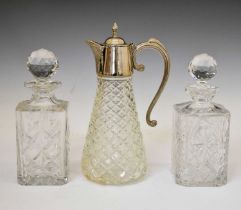 Silver plated and cut glass claret jug, together with two cut glass decanters