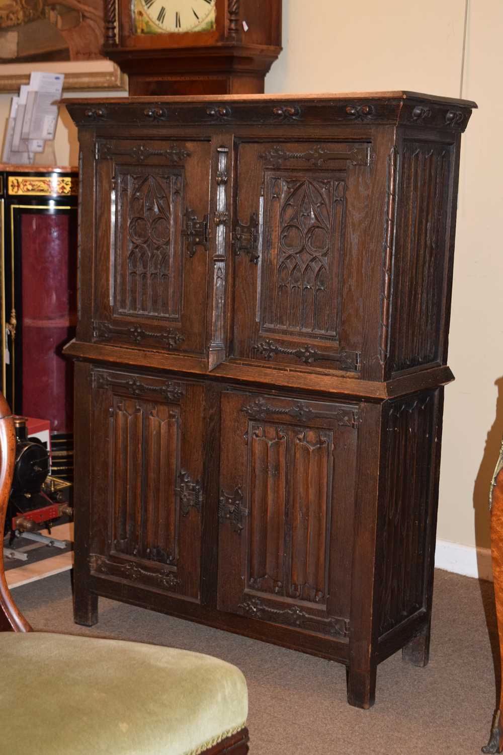 Early 20th century oak gothic revival two section cupboard - Image 5 of 11