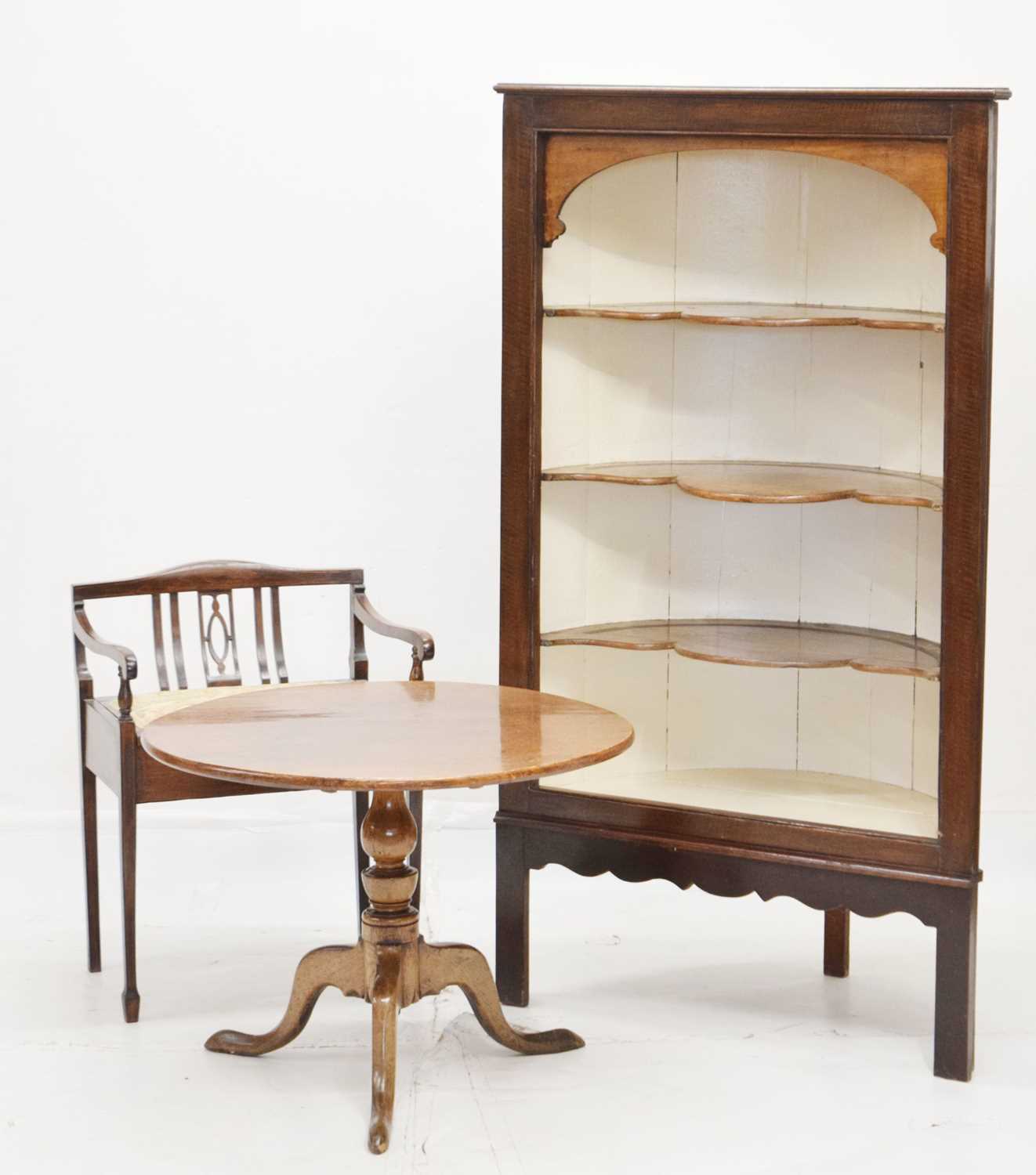 Open fronted corner cupboard, oak circular top occasional table and a piano stool