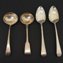 Pair George III Old English pattern silver tablespoons, and sauce ladle, etc