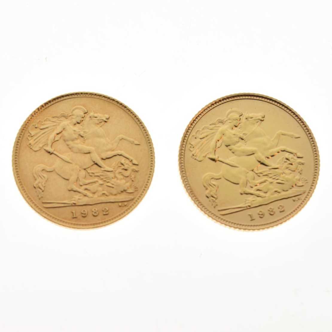 Two Elizabeth II gold half sovereigns, 1982