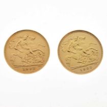 Two Elizabeth II gold half sovereigns, 1982
